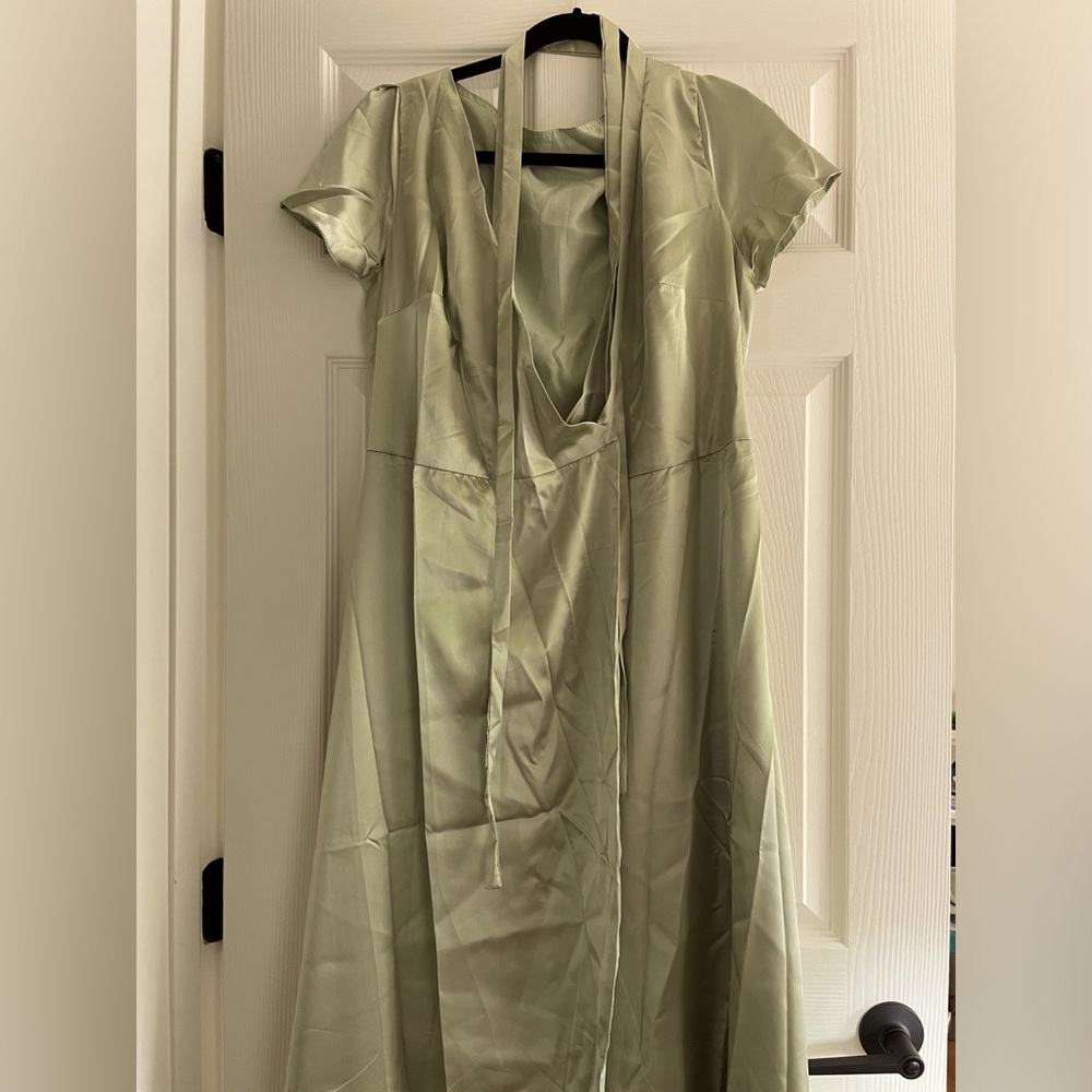 Sage green Satin wrap bridesmaids maxi dress